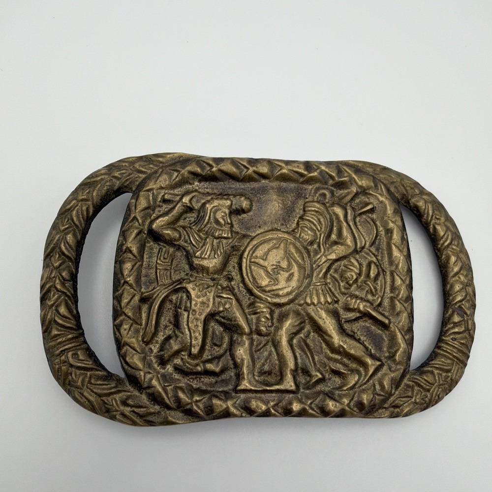 Vintage 1970s Brass Belt Buckle Ancient Warriors Battle Scene Taiwan